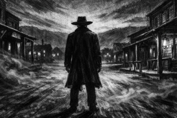 Cinematični poster u charcoal film noir stilu, crno-bijeli prikaz usamljene figure u tihom ruralnom gradiću, s dubokim sjenama i melankoličnom atmosferom.