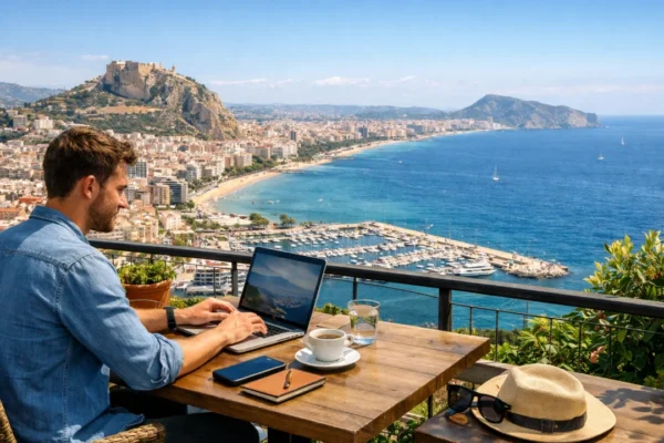 Digitalni nomad radi na laptopu dok putuje i zarađuje na atraktivnoj lokaciji