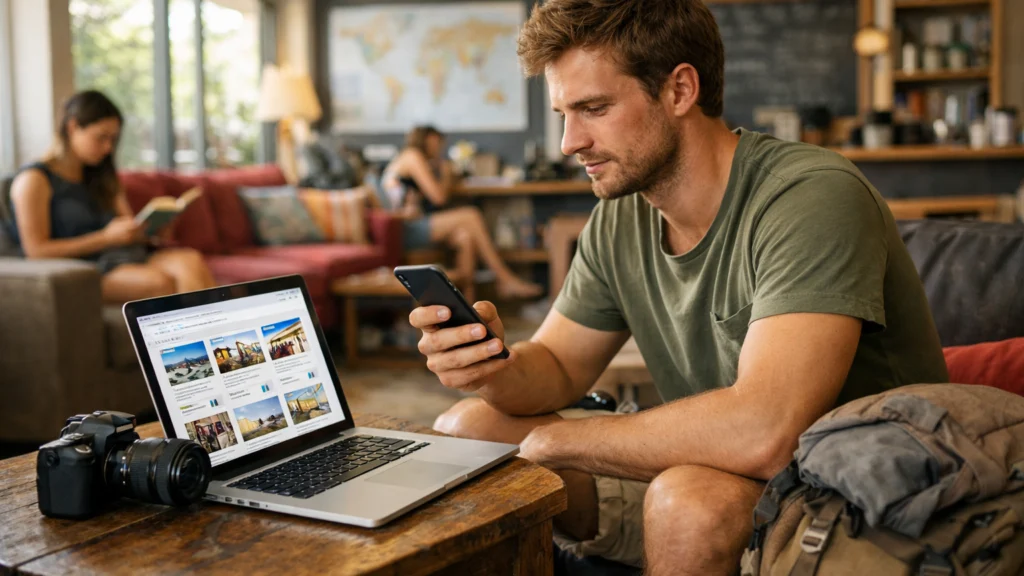 Mladi putnik uspoređuje hostele online prema lokaciji i cijeni