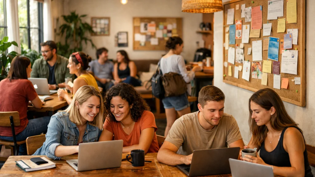Zajednički prostor hostela s coworking zonom i druženjem gostiju