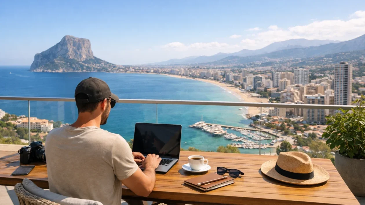 Rad na daljinu uz putovanje – osoba radi na laptopu s pogledom na grad i more