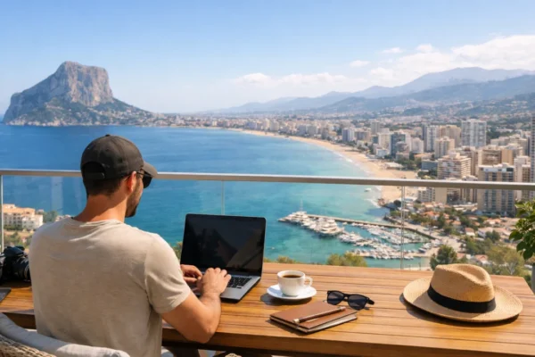Rad na daljinu uz putovanje – osoba radi na laptopu s pogledom na grad i more