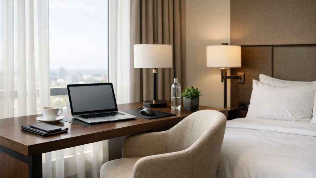 Hotelska soba prilagođena radu na daljinu s radnim prostorom
