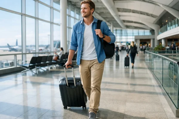 Zdrav i opušten putnik u zračnoj luci koji simbolizira očuvanje zdravlja tijekom putovanja
