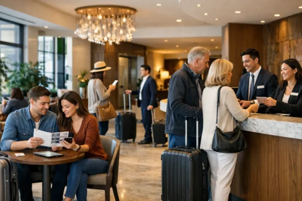 Moderan hotelski lobby s gostima koji biraju i prijavljuju se u hotel