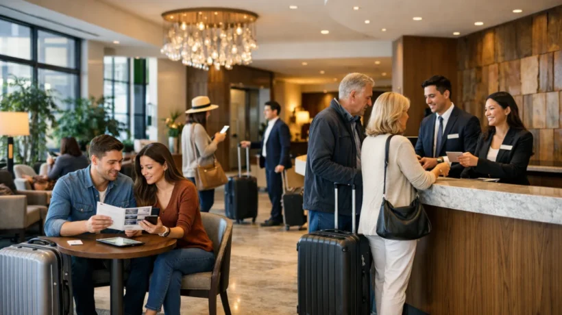 Moderan hotelski lobby s gostima koji biraju i prijavljuju se u hotel