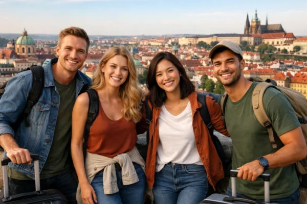 Grupa prijatelja na putovanju zajedno, panoramski pogled na destinaciju