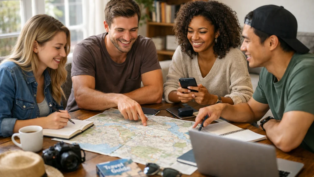 Planiranje putovanja za grupu prijatelja uz laptop i karte