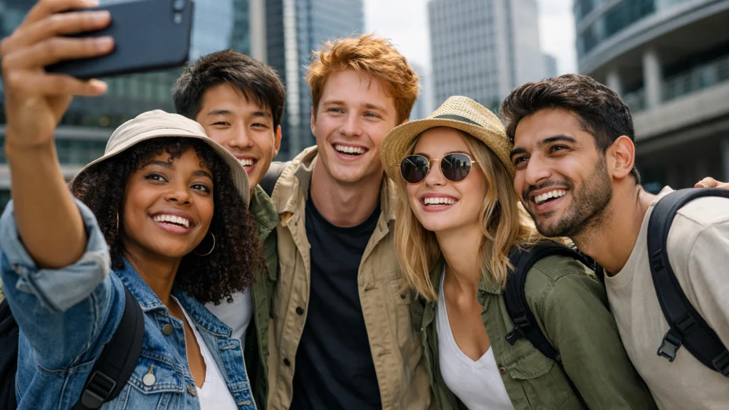 Mladi prijatelji putuju zajedno i fotografiraju se u gradu