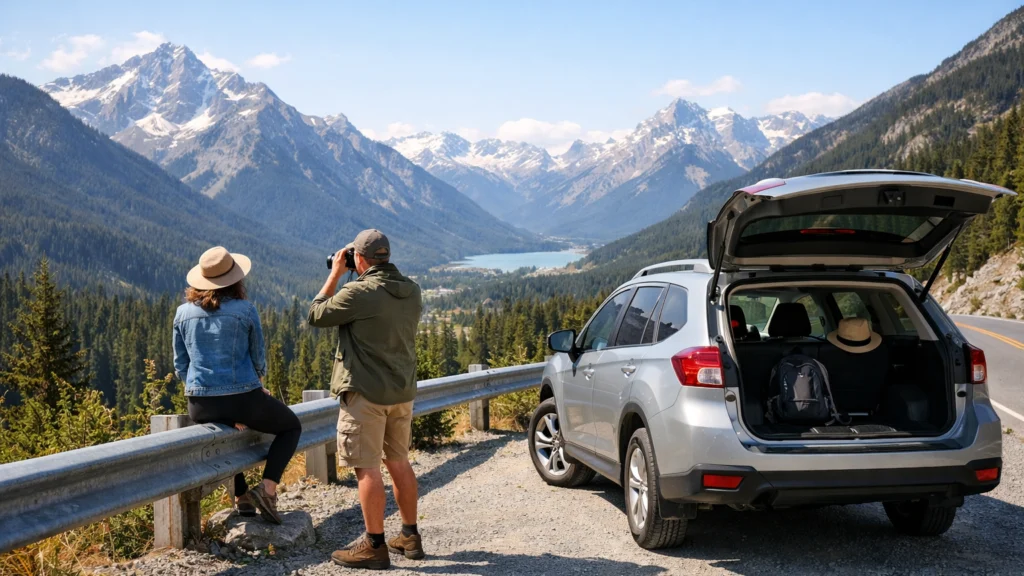Putnici na road tripu kroz Alpe zaustavljeni na panoramskom vidikovcu