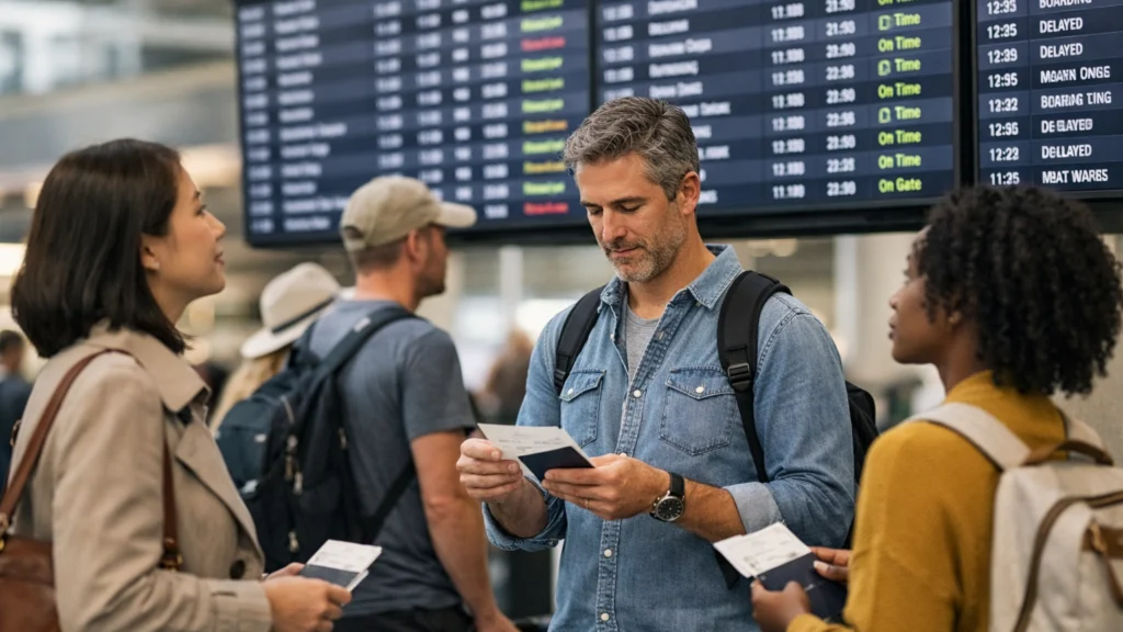 Putnici provjeravaju informacije o presjedanju na aerodromu
