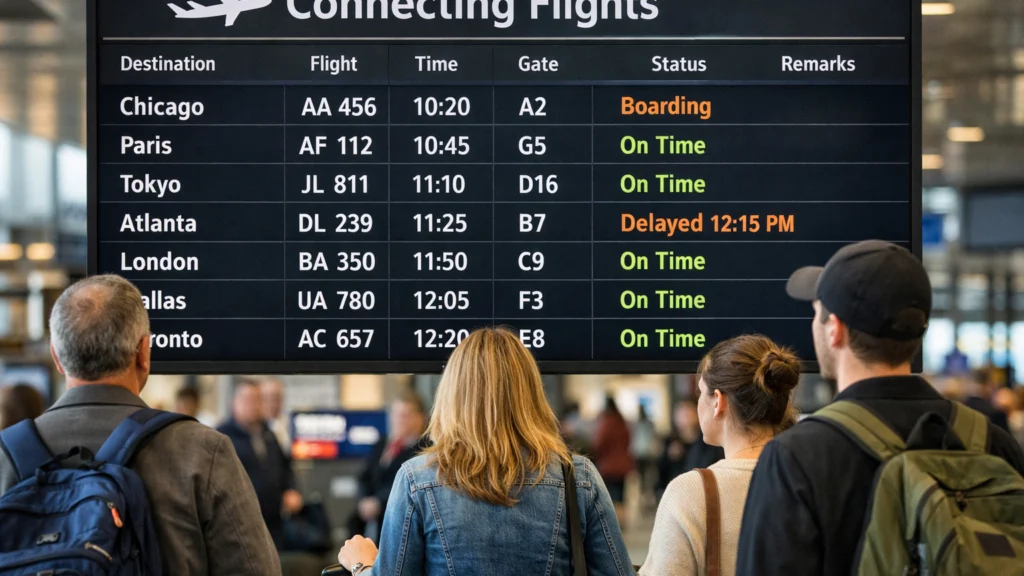 Ekran s vremenima presjedanja na velikom aerodromu