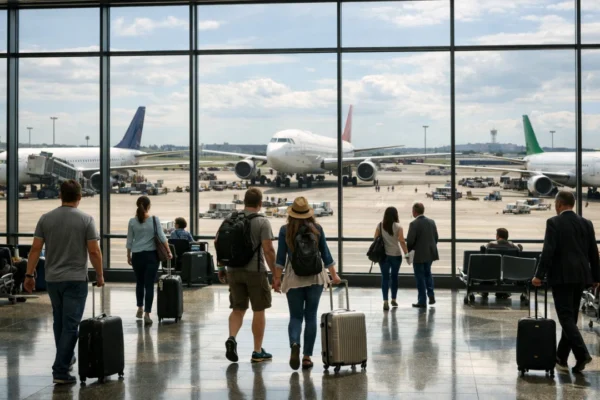 Avionski terminal s putnicima i zrakoplovima koji simbolizira potragu za najjeftinijim avionskim kartama