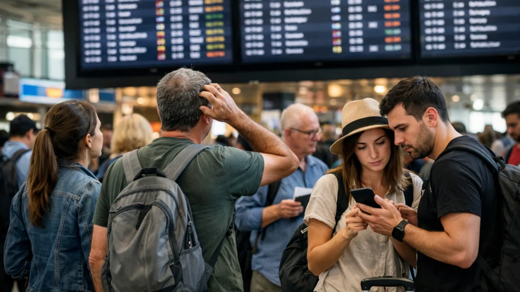 Putnici u zračnoj luci prate informacije o letovima i cijenama karata