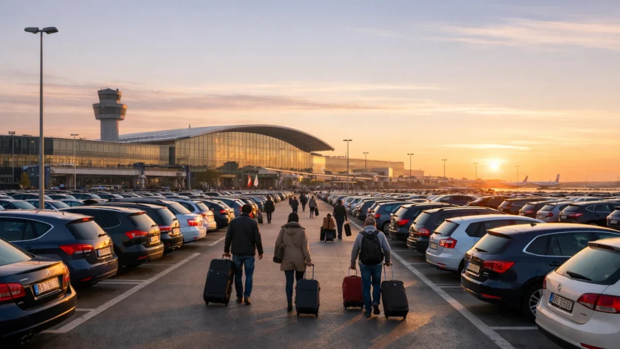Parking na aerodromu s parkiranim automobilima i putnicima ispred terminala
