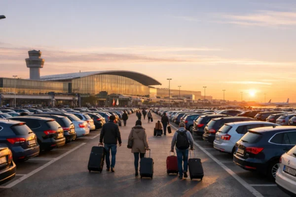 Parking na aerodromu s parkiranim automobilima i putnicima ispred terminala