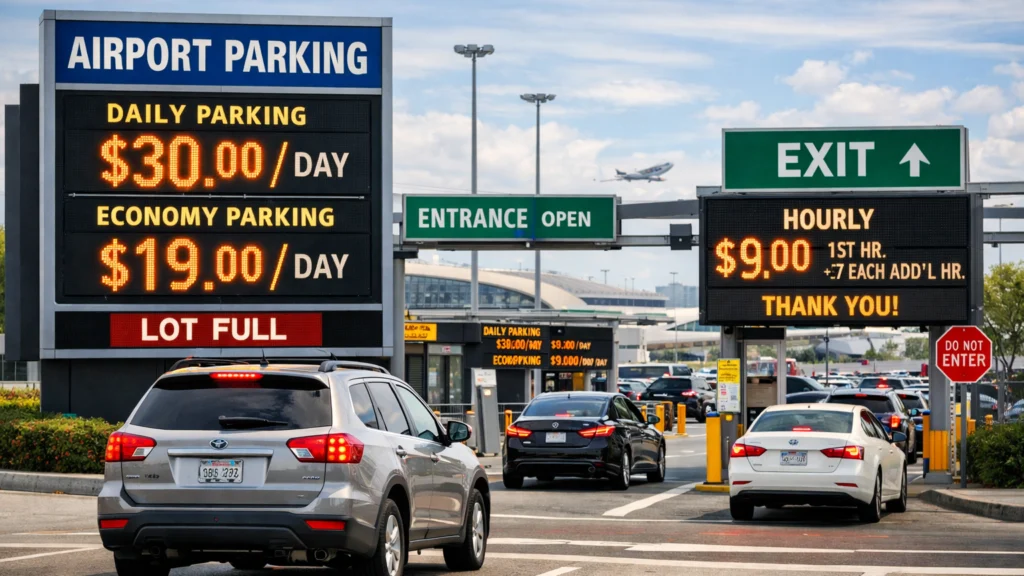 Zauzet aerodromski parking s automobilima i prikazom cijena parkiranja