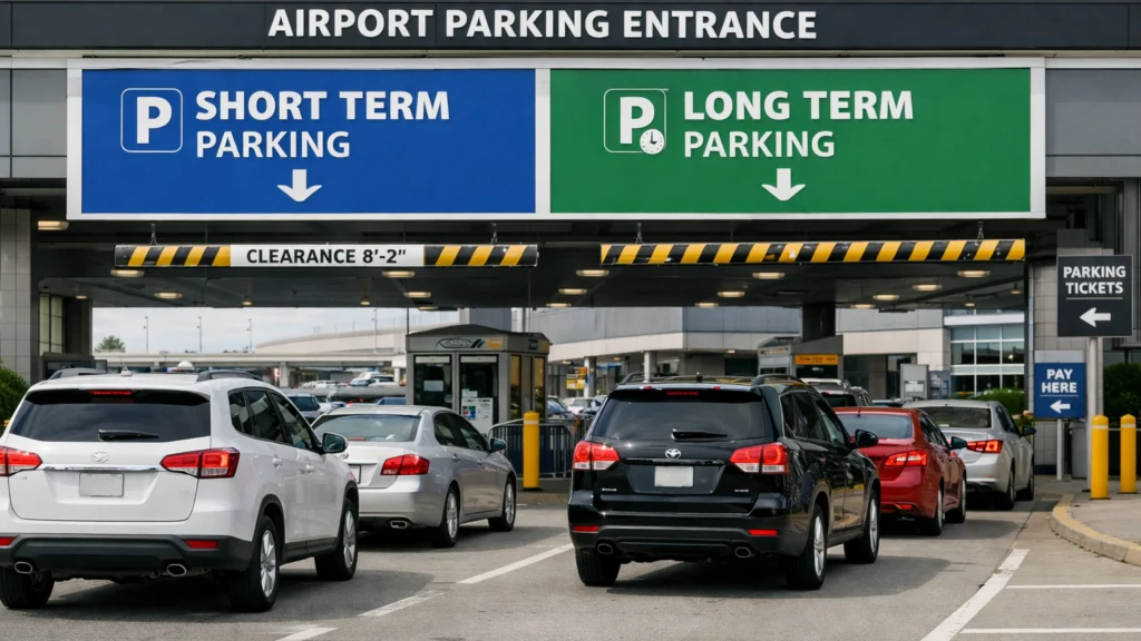Ulaz u dugoročni parking na europskom aerodromu s oznakama