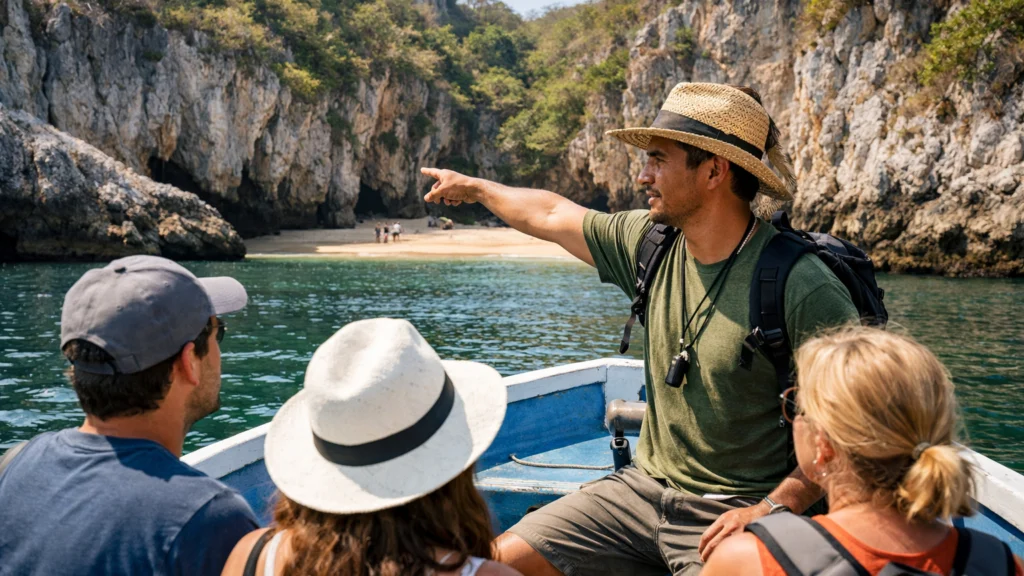 Lokalni vodič vodi malu grupu turista prema skrivenoj plaži