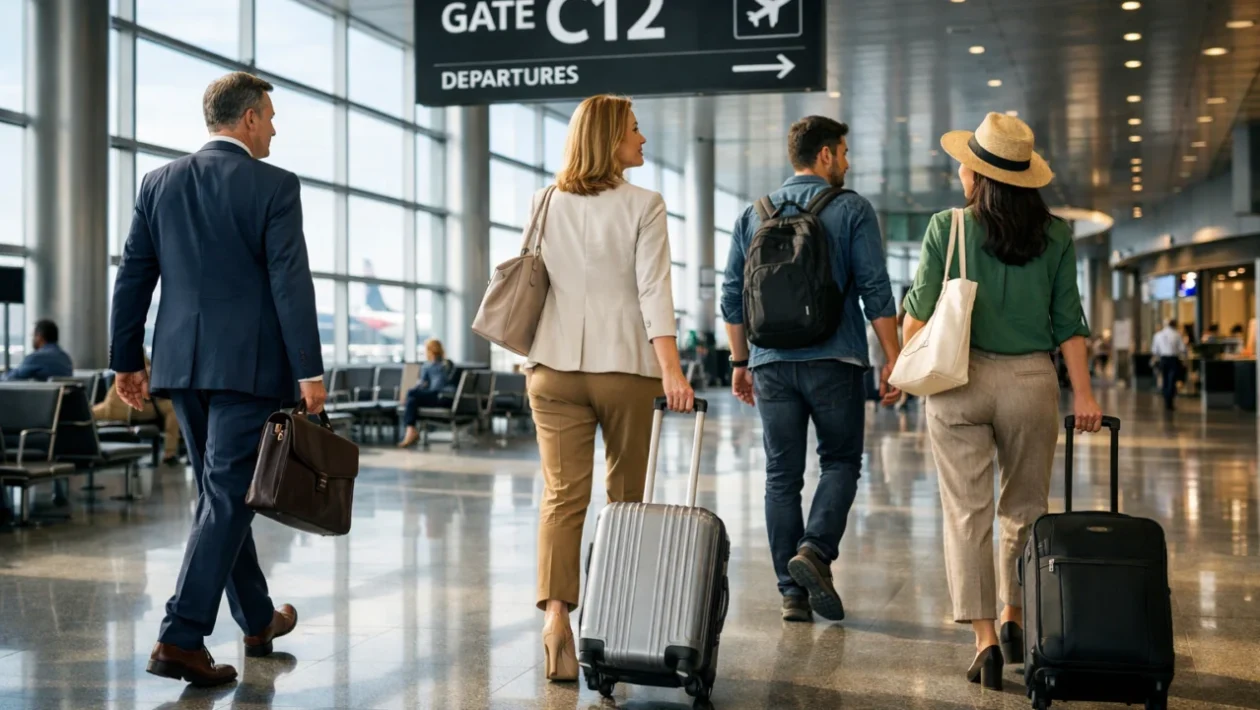 Samouvjereni putnici u modernoj zračnoj luci koji putuju avionom bez stresa