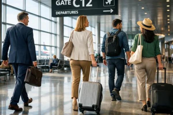 Samouvjereni putnici u modernoj zračnoj luci koji putuju avionom bez stresa