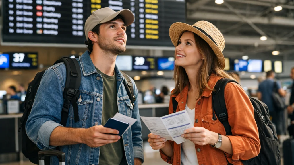 Putnici početnici na check-inu u zračnoj luci pripremaju se za let