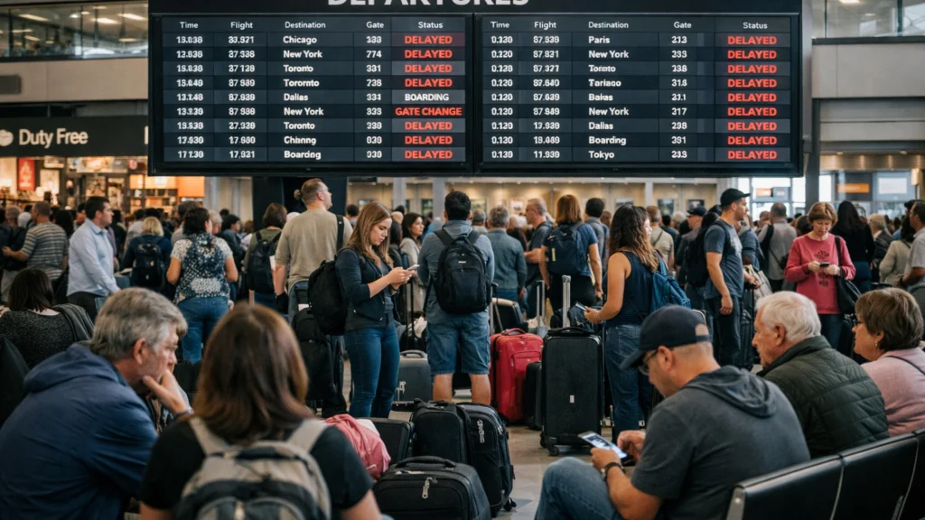 Putnici čekaju letove u zračnoj luci uz prikaz statistike i kašnjenja