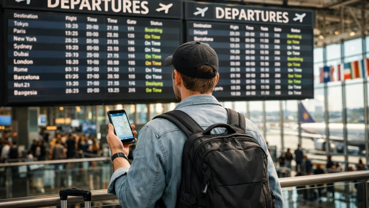 Putnik na aerodromu koristi mobilni internet bez roaming troškova tijekom putovanja
