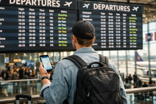 Putnik na aerodromu koristi mobilni internet bez roaming troškova tijekom putovanja