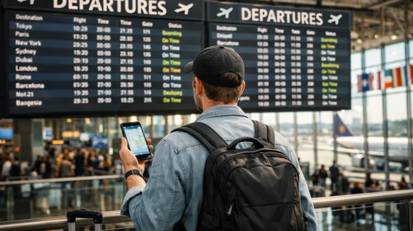 Putnik na aerodromu koristi mobilni internet bez roaming troškova tijekom putovanja