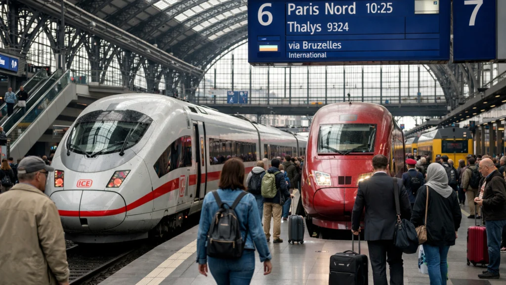 Europski željeznički kolodvor s međunarodnim vlakovima i putnicima