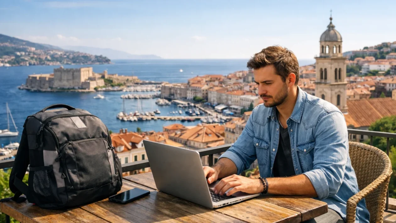Freelancer radi na laptopu dok putuje kao digitalni nomad u Europi