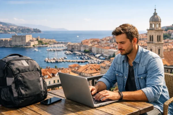 Freelancer radi na laptopu dok putuje kao digitalni nomad u Europi