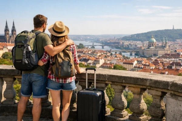 Putovanje s malim budžetom u Europi – mladi putnici s ruksacima gledaju grad