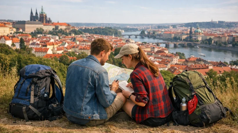 Putovanje s malim kućnim budžetom – mladi par s ruksacima gleda europski grad