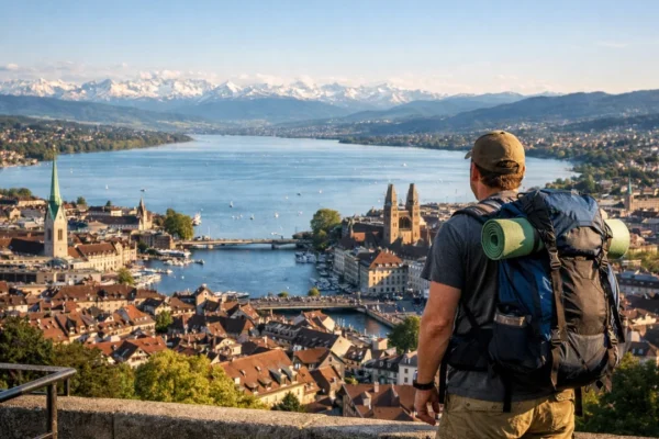 Putnik s ruksakom gleda panoramu Züricha i planira povoljno putovanje u skupoj zemlji