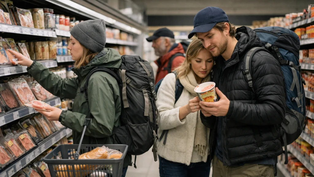 Putnici kupuju hranu u lokalnom supermarketu u Norveškoj kako bi smanjili troškove