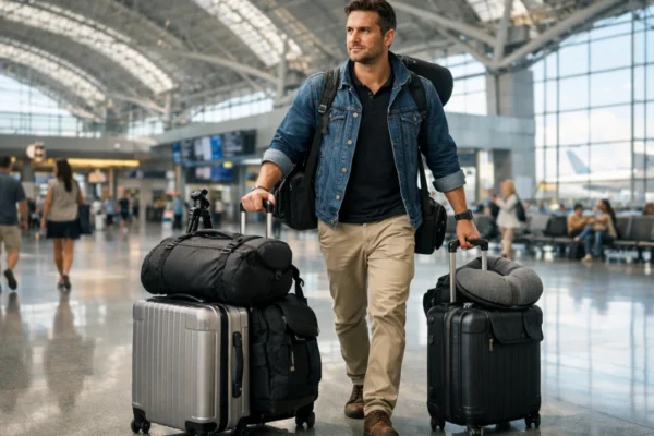 Putnik s puno prtljage u zračnoj luci bez dodatnih troškova putovanja