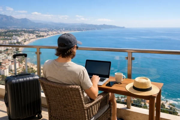 Digitalni nomad radi na laptopu s pogledom na more i grad tijekom putovanja