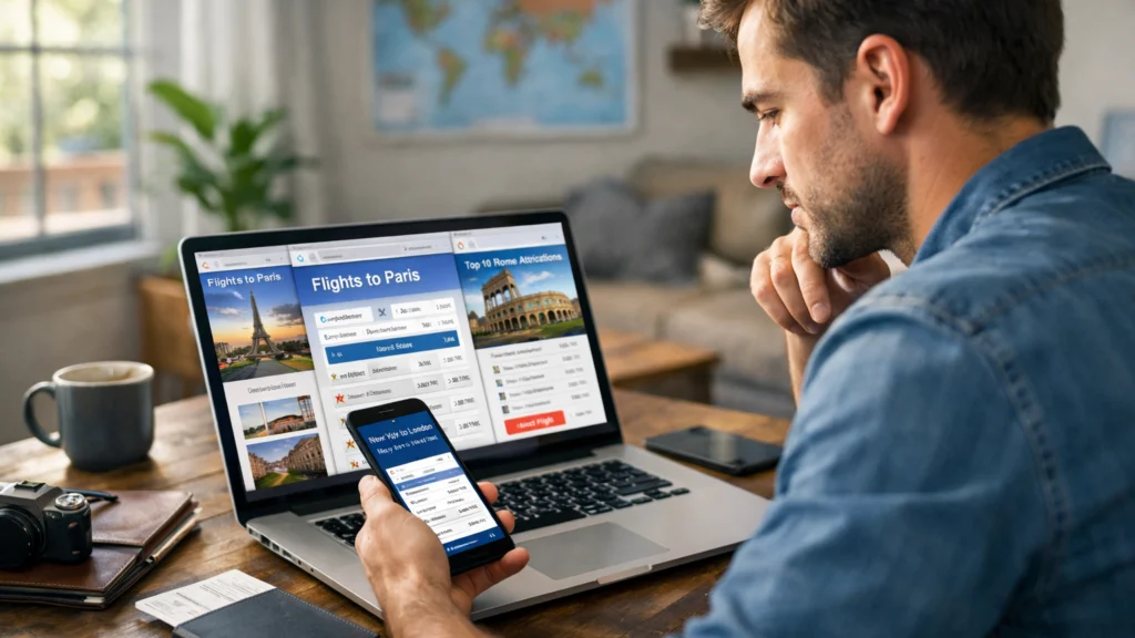 Online pretraživanje avionskih karata na laptopu i mobitelu