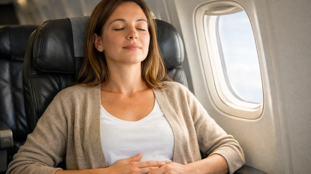 Putnik u avionu koji primjenjuje tehnike disanja za smanjenje straha od letenja