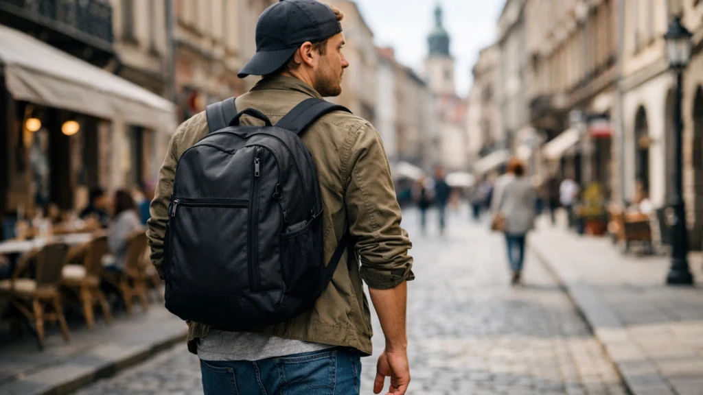 Putnik s jednim ruksakom u urbanom europskom okruženju