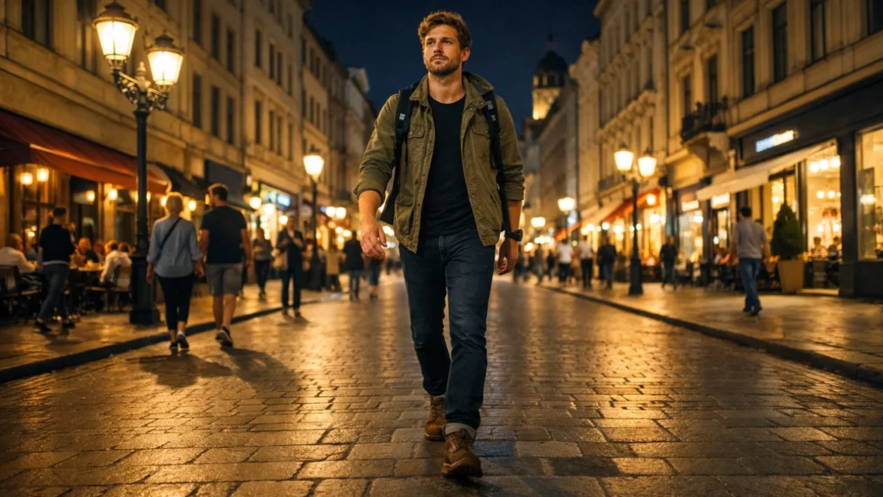 Sigurno noćno putovanje u nepoznatom gradu s osvijetljenim ulicama i urbanim okruženjem