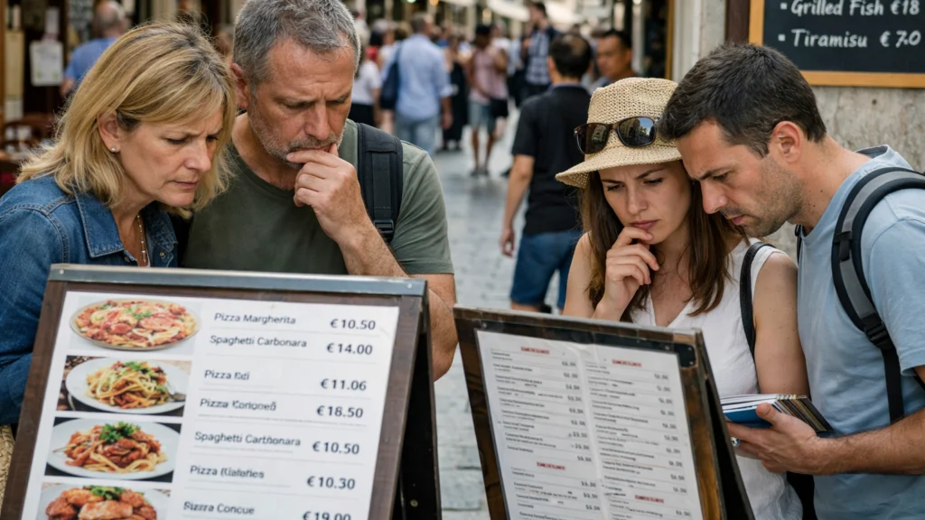 Turisti pregledavaju cijene hrane u popularnoj turističkoj destinaciji