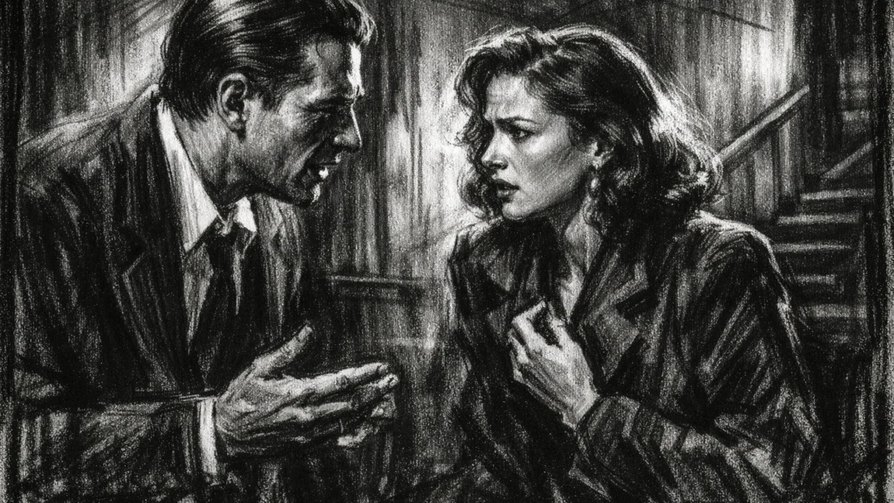 Dramska scena u charcoal film noir stilu