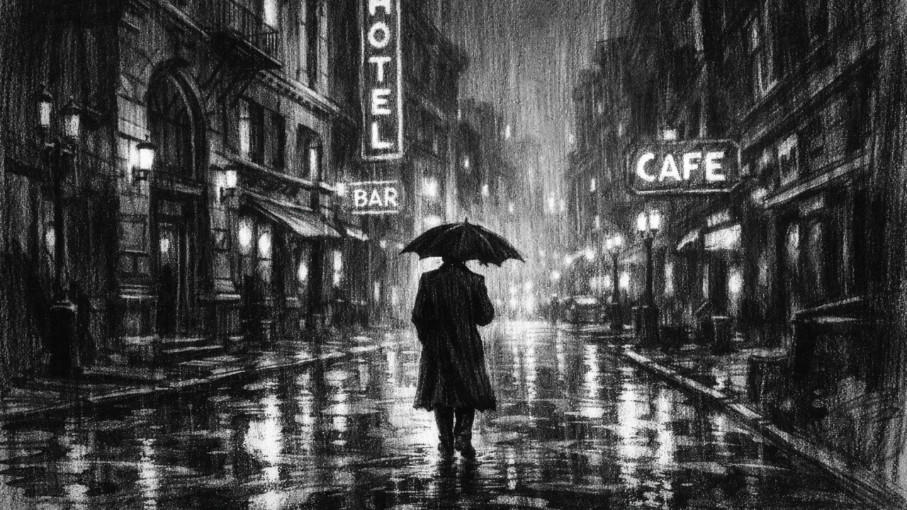 Atmosferska urbana ilustracija u charcoal film noir stilu