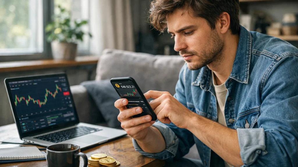Mladi ulagač prati cijene kriptovaluta putem pametnog telefona