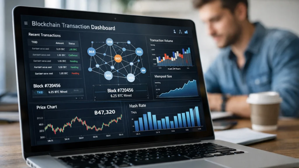 Prikaz blockchain tehnologije i digitalnih transakcija na računalu