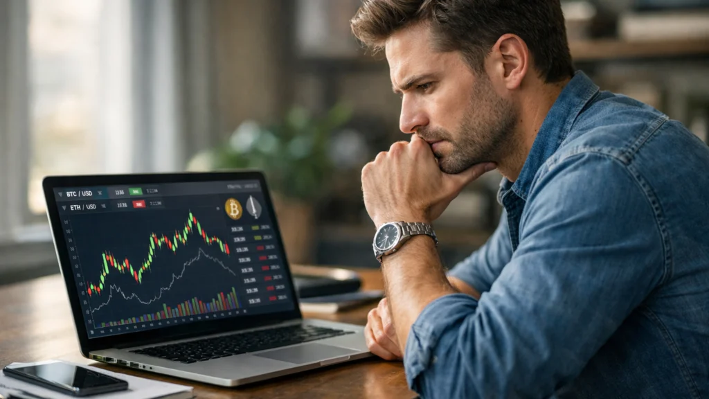 Mladi investitor razmatra prednosti i rizike ulaganja u kriptovalute