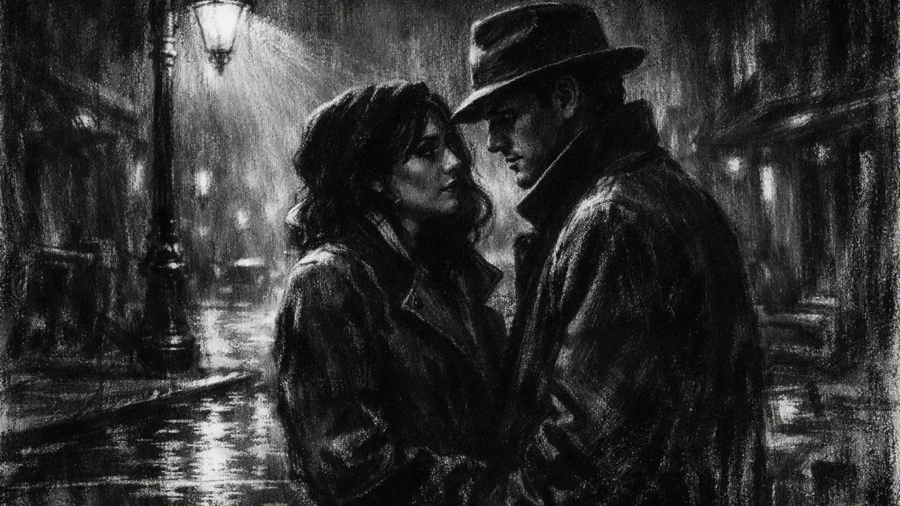 Intimna noćna scena u charcoal film noir stilu, dvoje ljudi pod svjetlom ulice, snažne sjene i emotivna napetost u crno-bijeloj atmosferi.